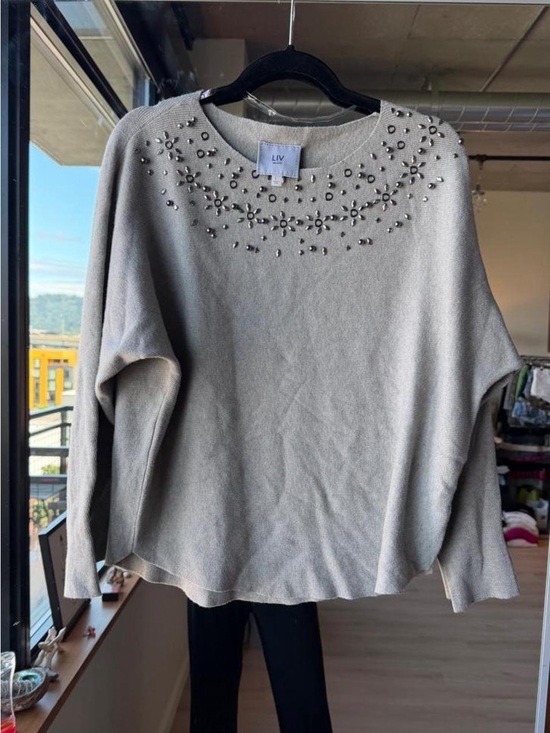 Liv Milano Sweaters - LIV Embellished Crewneck Sweater in Light Gray